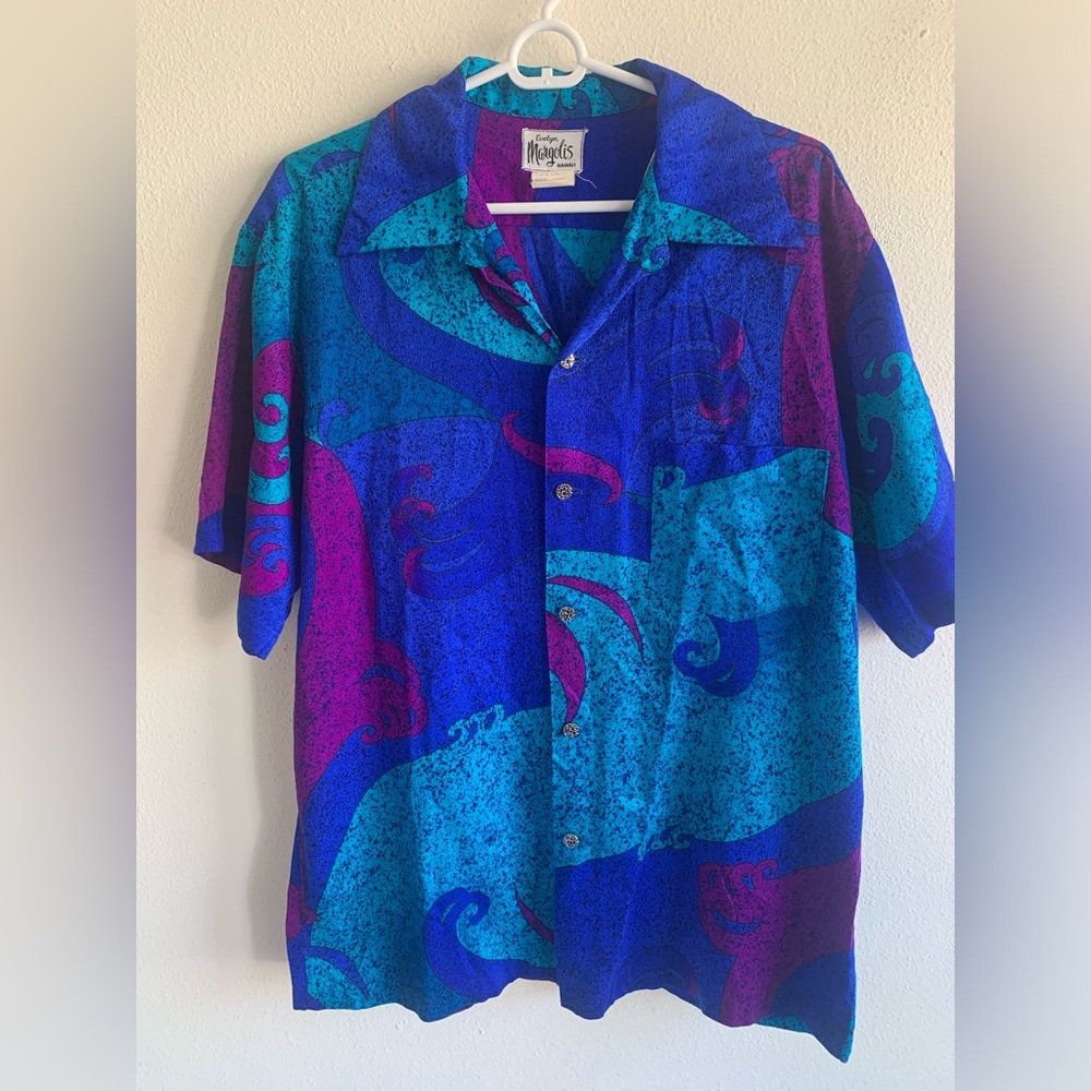 Evelyn Margolis Vintage Men’s Hawaiian Shirt Size L Large Blue Purple Button 70s